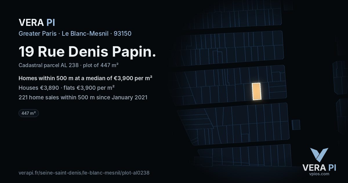 19 Rue Denis Papin, Le Blanc-Mesnil at night – the plot lit, the parcels around coloured by the prices near them