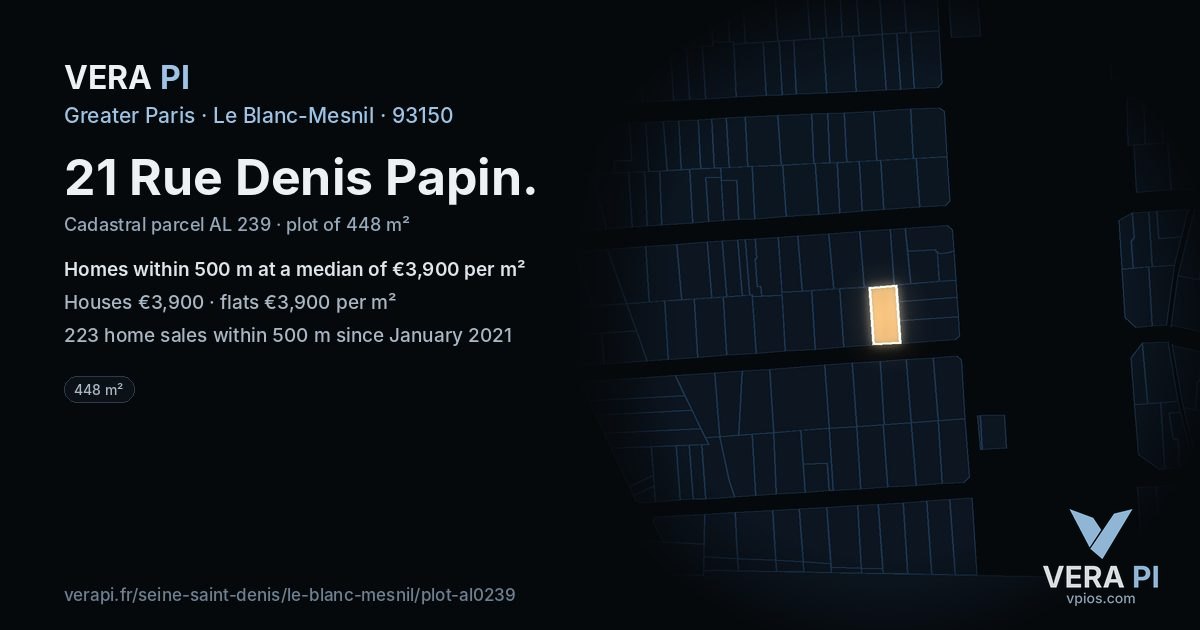 21 Rue Denis Papin, Le Blanc-Mesnil at night – the plot lit, the parcels around coloured by the prices near them