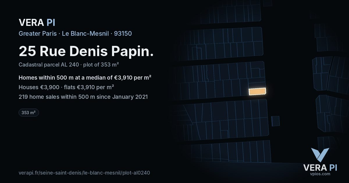 25 Rue Denis Papin, Le Blanc-Mesnil at night – the plot lit, the parcels around coloured by the prices near them