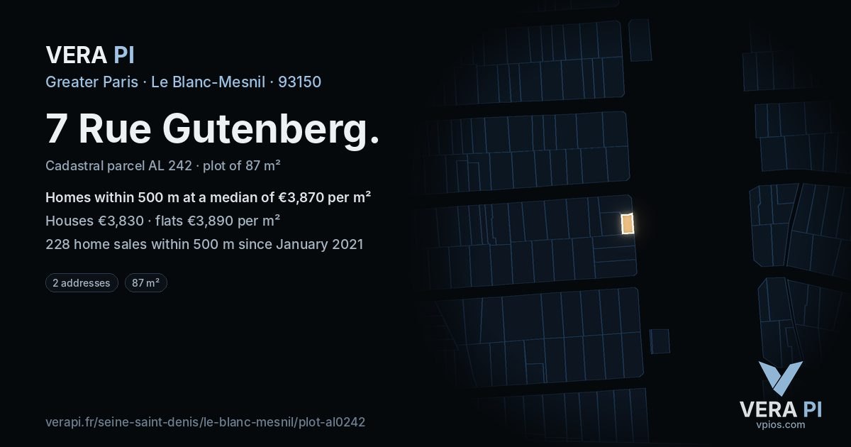 7 Rue Gutenberg, Le Blanc-Mesnil at night – the plot lit, the parcels around coloured by the prices near them