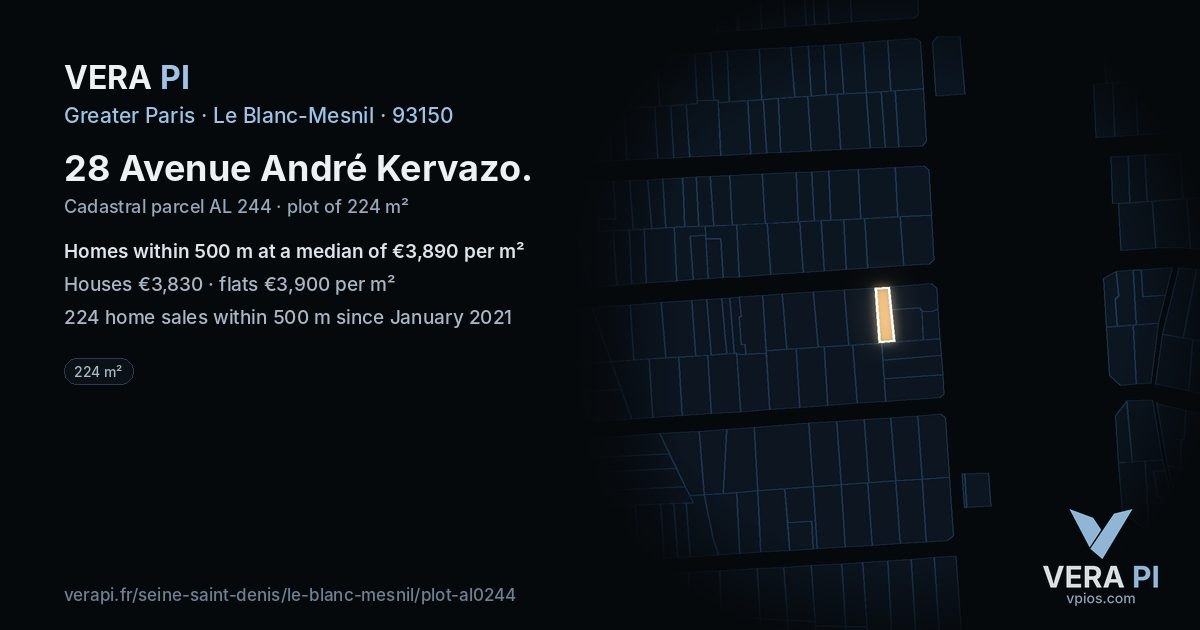 28 Avenue André Kervazo, Le Blanc-Mesnil at night – the plot lit, the parcels around coloured by the prices near them