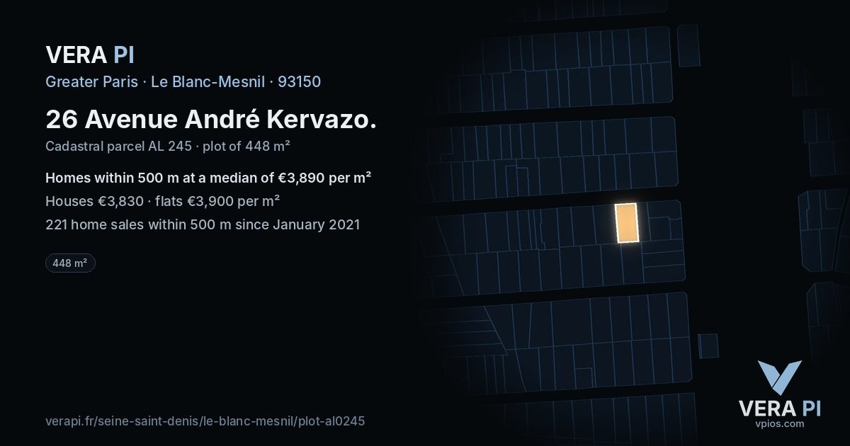 26 Avenue André Kervazo, Le Blanc-Mesnil at night – the plot lit, the parcels around coloured by the prices near them