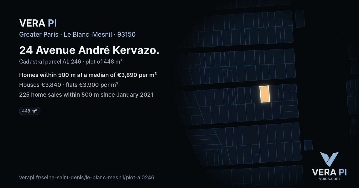 24 Avenue André Kervazo, Le Blanc-Mesnil at night – the plot lit, the parcels around coloured by the prices near them