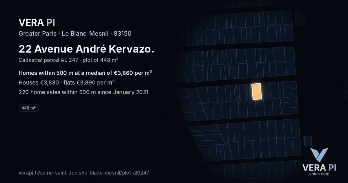 22 Avenue André Kervazo, Le Blanc-Mesnil at night – the plot lit, the parcels around coloured by the prices near them
