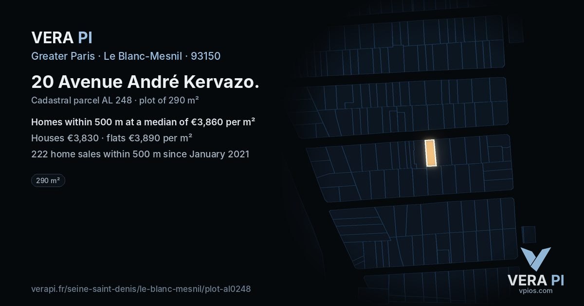 20 Avenue André Kervazo, Le Blanc-Mesnil at night – the plot lit, the parcels around coloured by the prices near them