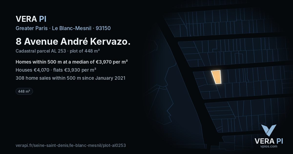 8 Avenue André Kervazo, Le Blanc-Mesnil at night – the plot lit, the parcels around coloured by the prices near them