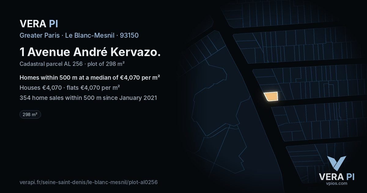 1 Avenue André Kervazo, Le Blanc-Mesnil at night – the plot lit, the parcels around coloured by the prices near them