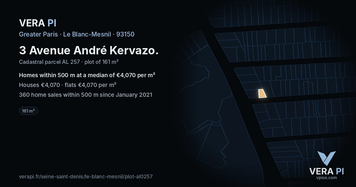 3 Avenue André Kervazo, Le Blanc-Mesnil at night – the plot lit, the parcels around coloured by the prices near them