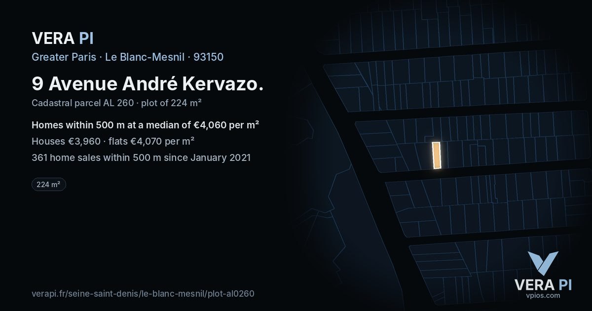 9 Avenue André Kervazo, Le Blanc-Mesnil at night – the plot lit, the parcels around coloured by the prices near them