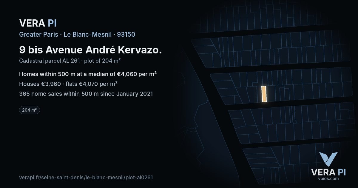 9 bis Avenue André Kervazo, Le Blanc-Mesnil at night – the plot lit, the parcels around coloured by the prices near them