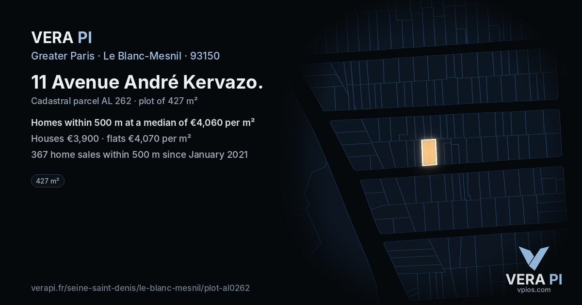11 Avenue André Kervazo, Le Blanc-Mesnil at night – the plot lit, the parcels around coloured by the prices near them