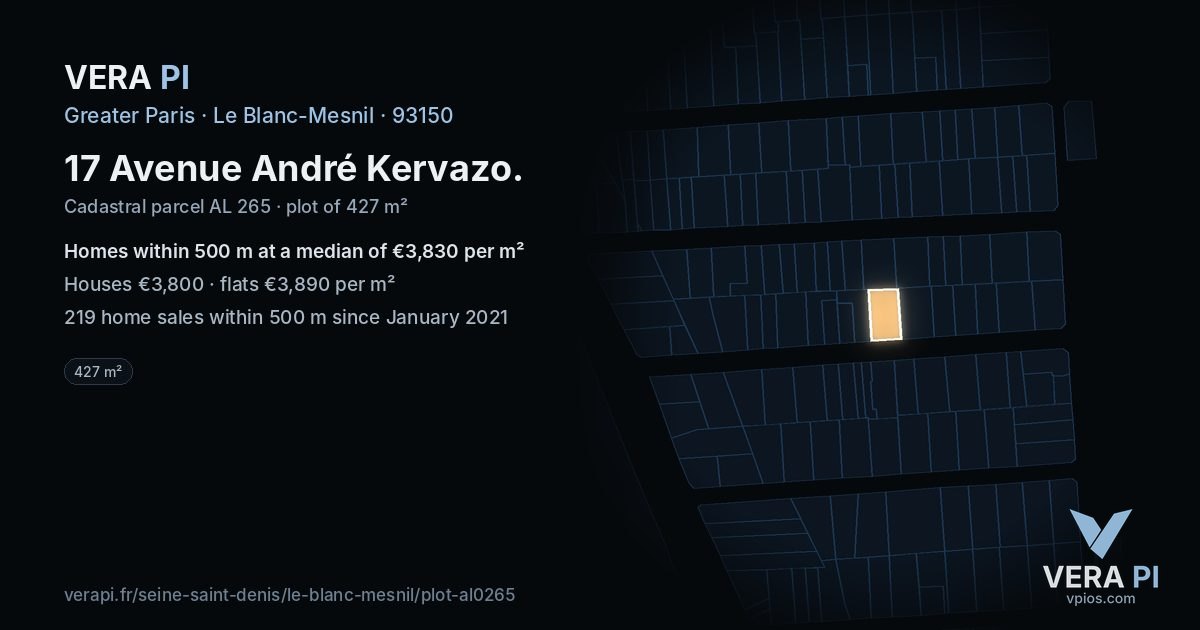 17 Avenue André Kervazo, Le Blanc-Mesnil at night – the plot lit, the parcels around coloured by the prices near them