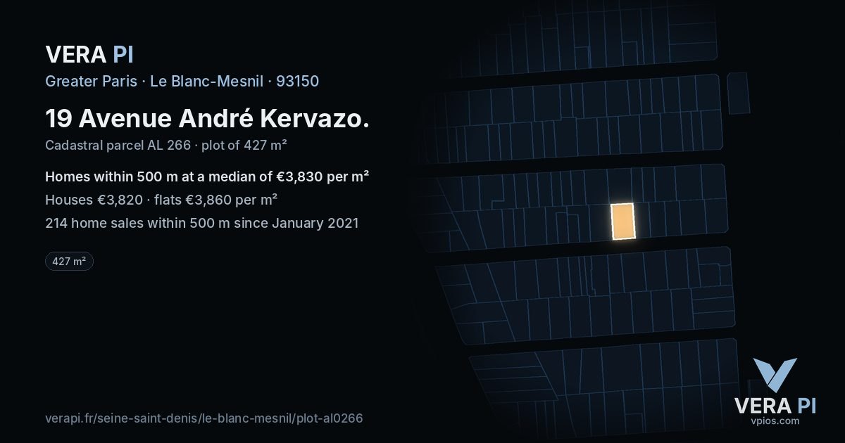 19 Avenue André Kervazo, Le Blanc-Mesnil at night – the plot lit, the parcels around coloured by the prices near them