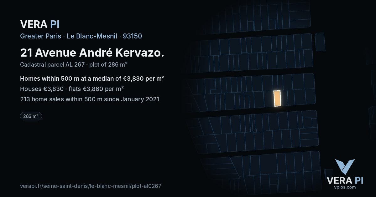 21 Avenue André Kervazo, Le Blanc-Mesnil at night – the plot lit, the parcels around coloured by the prices near them