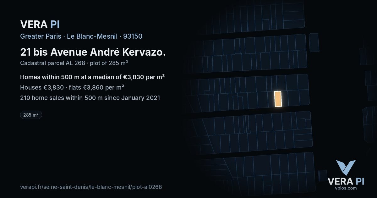 21 bis Avenue André Kervazo, Le Blanc-Mesnil at night – the plot lit, the parcels around coloured by the prices near them