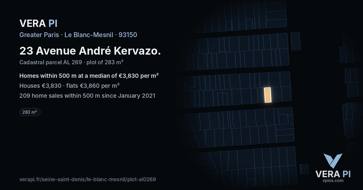 23 Avenue André Kervazo, Le Blanc-Mesnil at night – the plot lit, the parcels around coloured by the prices near them