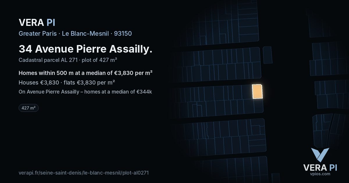 34 Avenue Pierre Assailly, Le Blanc-Mesnil at night – the plot lit, the parcels around coloured by the prices near them