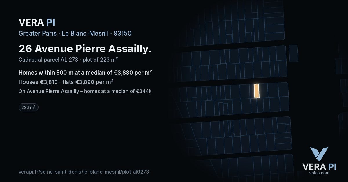 26 Avenue Pierre Assailly, Le Blanc-Mesnil at night – the plot lit, the parcels around coloured by the prices near them