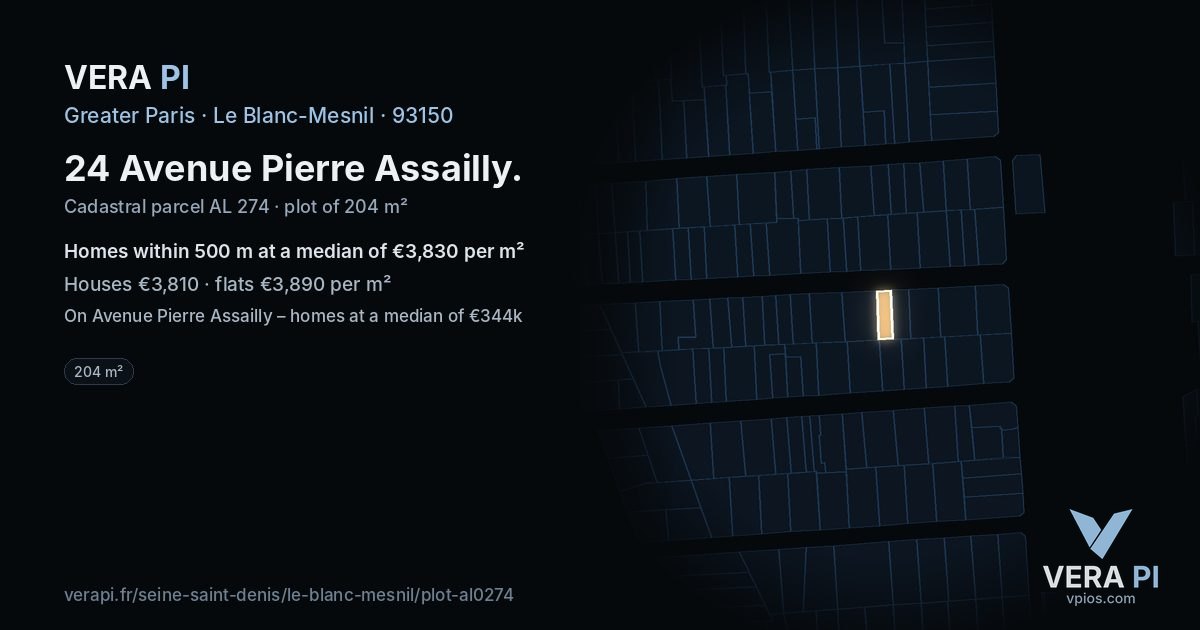 24 Avenue Pierre Assailly, Le Blanc-Mesnil at night – the plot lit, the parcels around coloured by the prices near them