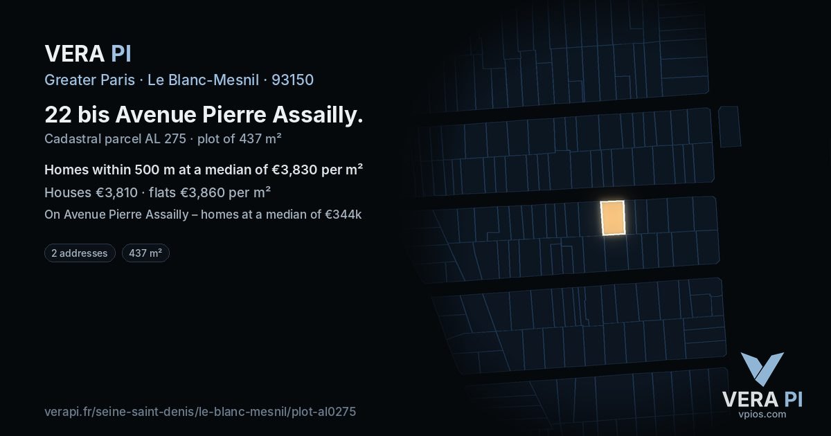 22 bis Avenue Pierre Assailly, Le Blanc-Mesnil at night – the plot lit, the parcels around coloured by the prices near them