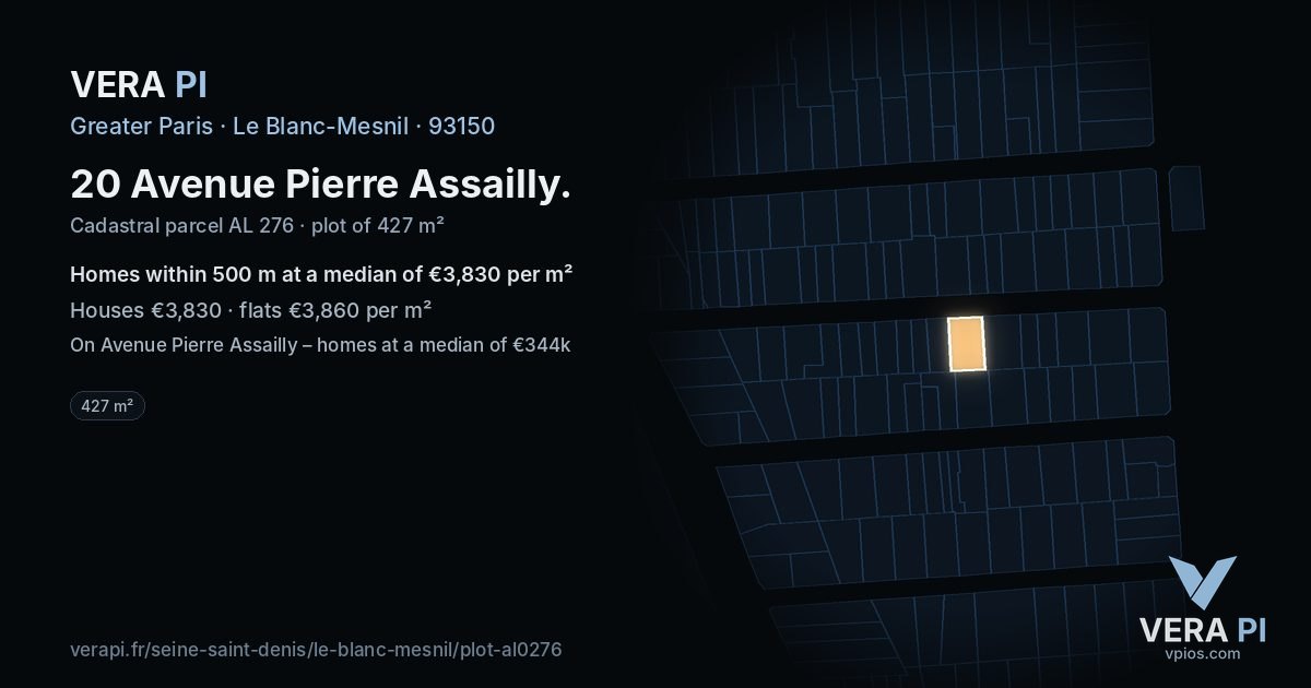 20 Avenue Pierre Assailly, Le Blanc-Mesnil at night – the plot lit, the parcels around coloured by the prices near them