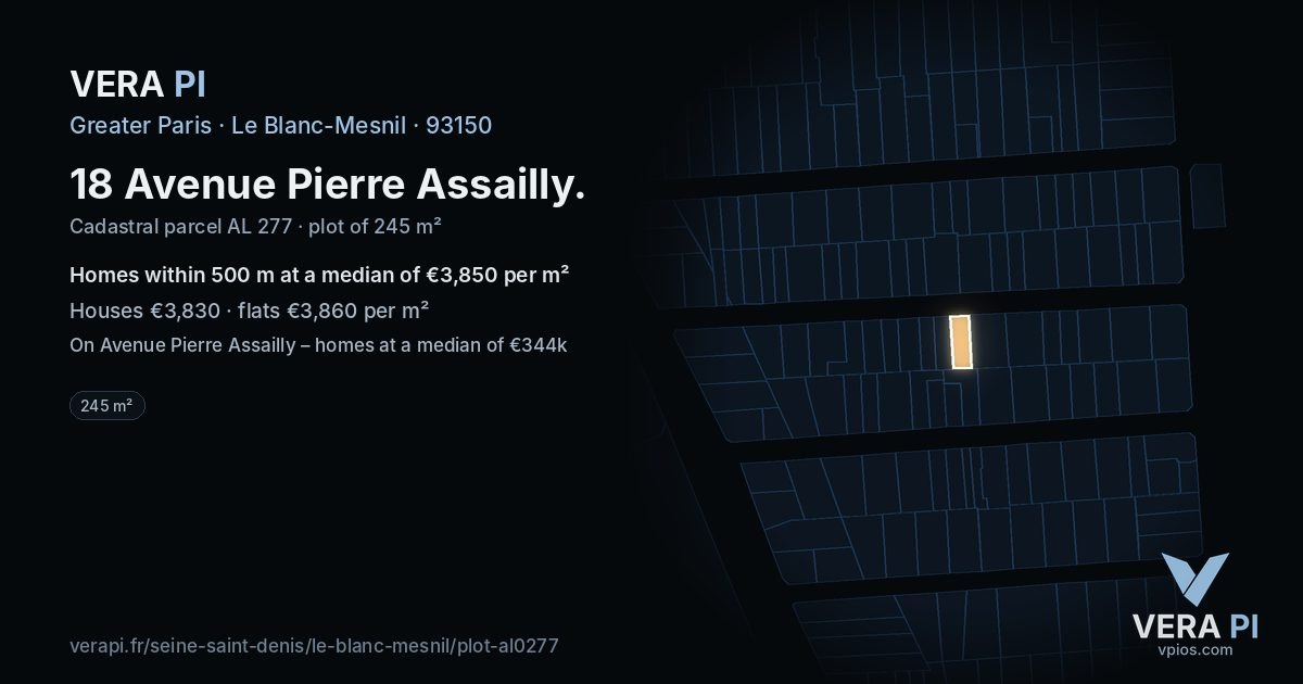 18 Avenue Pierre Assailly, Le Blanc-Mesnil at night – the plot lit, the parcels around coloured by the prices near them