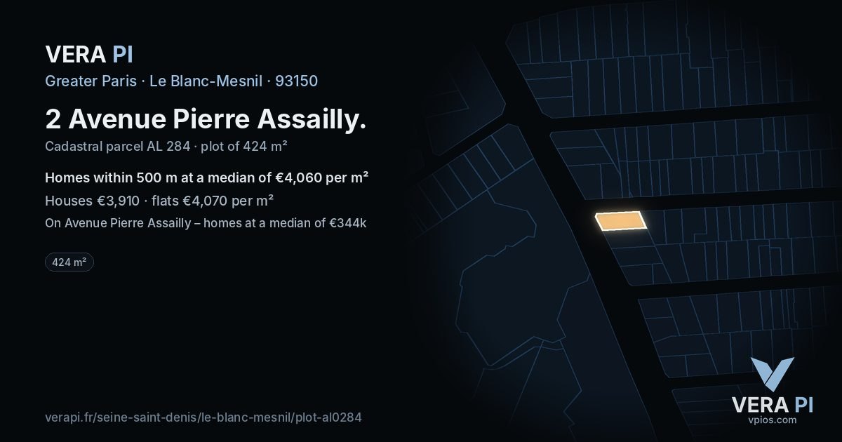 2 Avenue Pierre Assailly, Le Blanc-Mesnil at night – the plot lit, the parcels around coloured by the prices near them