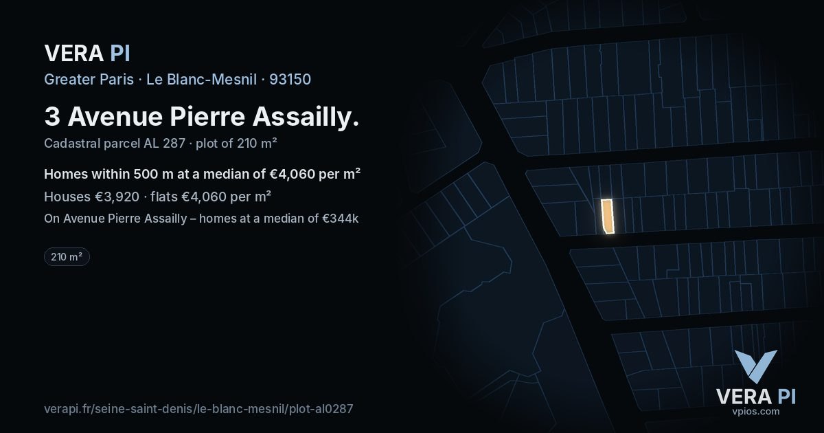 3 Avenue Pierre Assailly, Le Blanc-Mesnil at night – the plot lit, the parcels around coloured by the prices near them