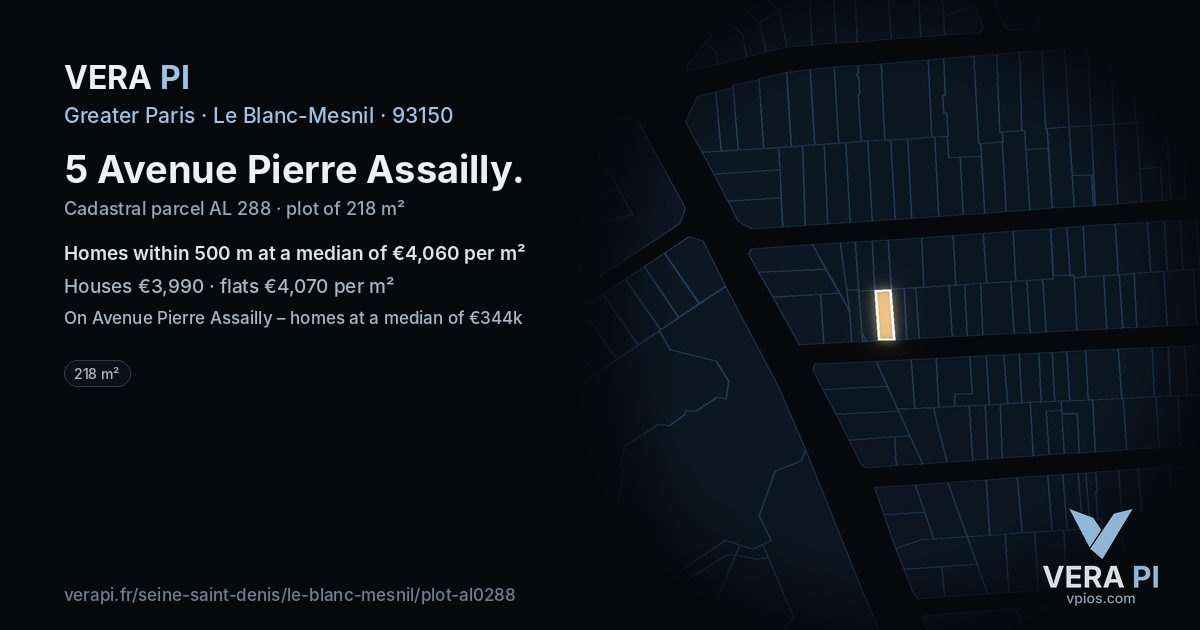 5 Avenue Pierre Assailly, Le Blanc-Mesnil at night – the plot lit, the parcels around coloured by the prices near them