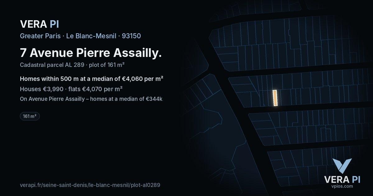 7 Avenue Pierre Assailly, Le Blanc-Mesnil at night – the plot lit, the parcels around coloured by the prices near them