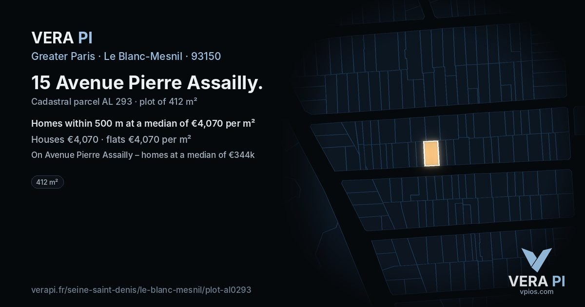 15 Avenue Pierre Assailly, Le Blanc-Mesnil at night – the plot lit, the parcels around coloured by the prices near them