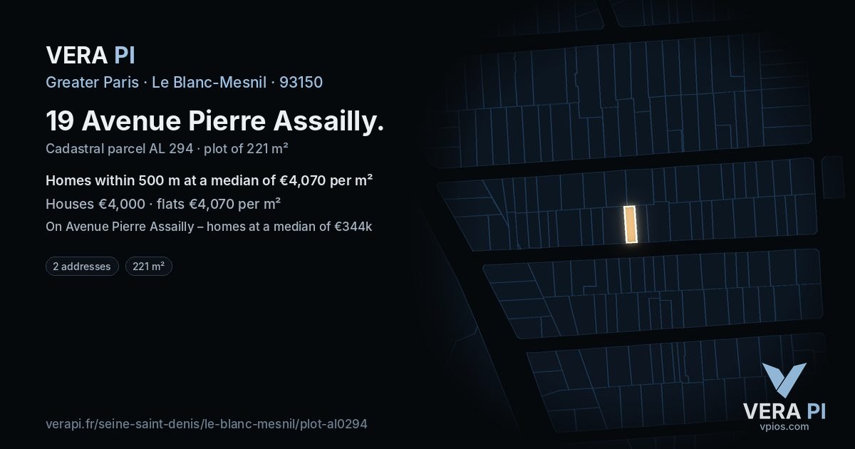 19 Avenue Pierre Assailly, Le Blanc-Mesnil at night – the plot lit, the parcels around coloured by the prices near them