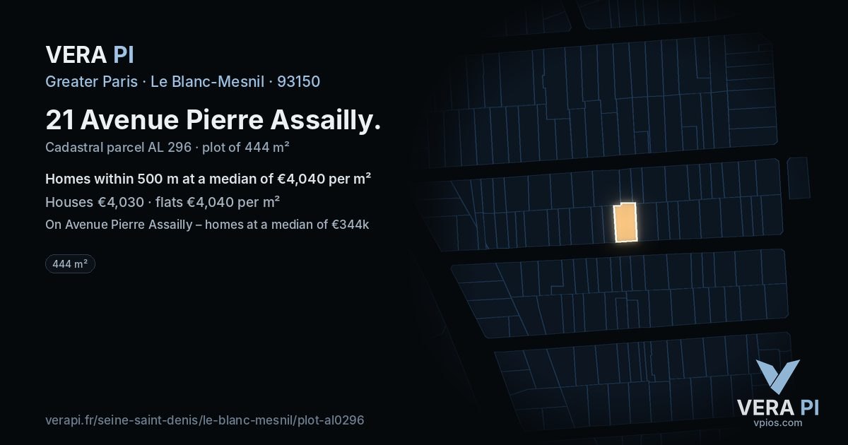21 Avenue Pierre Assailly, Le Blanc-Mesnil at night – the plot lit, the parcels around coloured by the prices near them