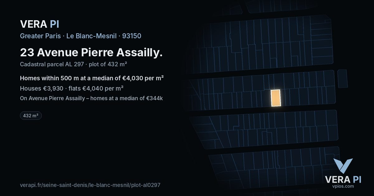 23 Avenue Pierre Assailly, Le Blanc-Mesnil at night – the plot lit, the parcels around coloured by the prices near them