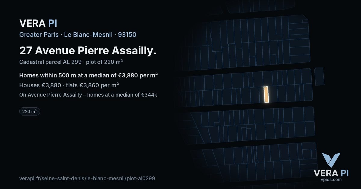 27 Avenue Pierre Assailly, Le Blanc-Mesnil at night – the plot lit, the parcels around coloured by the prices near them