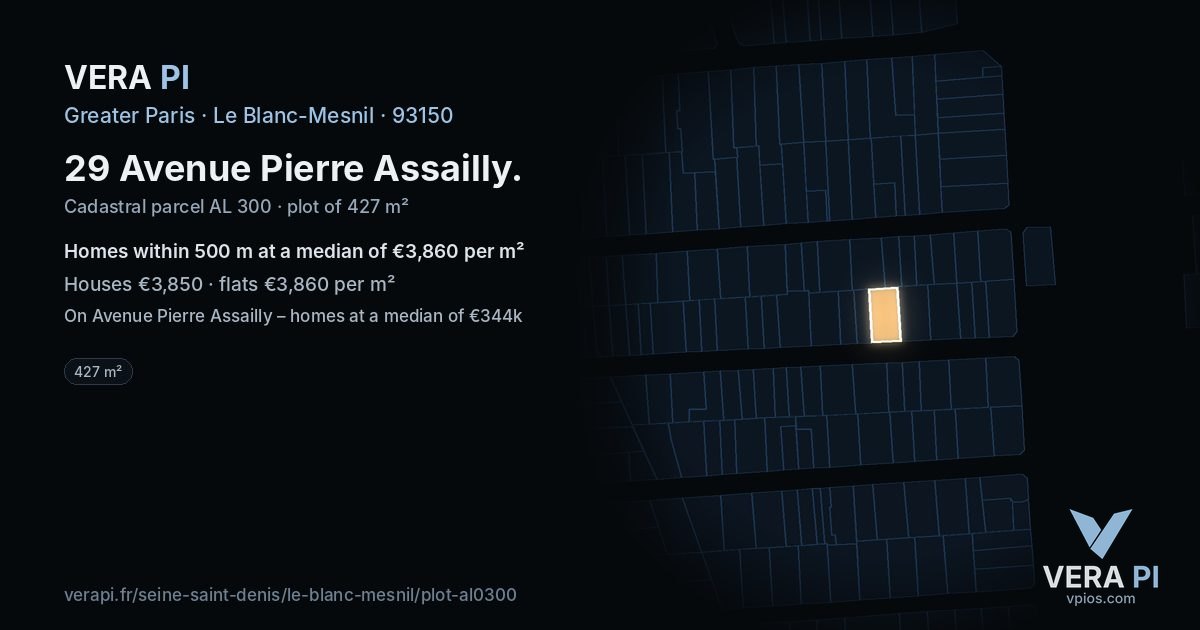 29 Avenue Pierre Assailly, Le Blanc-Mesnil at night – the plot lit, the parcels around coloured by the prices near them