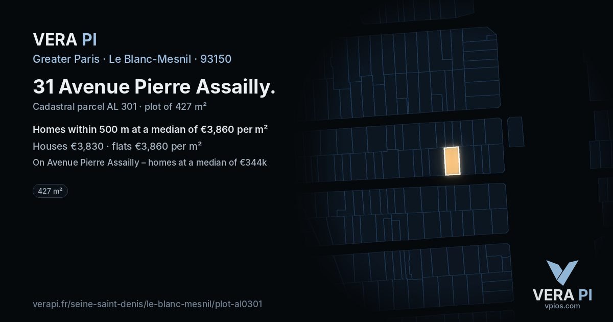 31 Avenue Pierre Assailly, Le Blanc-Mesnil at night – the plot lit, the parcels around coloured by the prices near them