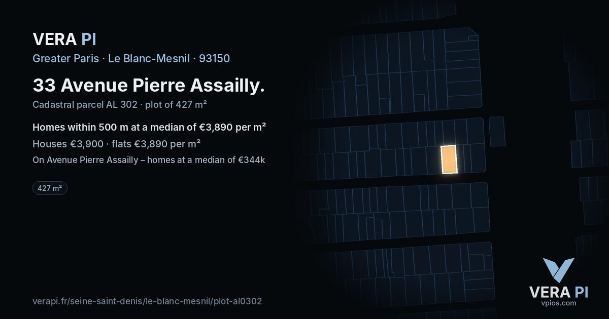 33 Avenue Pierre Assailly, Le Blanc-Mesnil at night – the plot lit, the parcels around coloured by the prices near them
