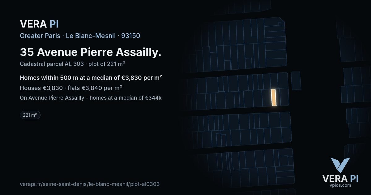 35 Avenue Pierre Assailly, Le Blanc-Mesnil at night – the plot lit, the parcels around coloured by the prices near them