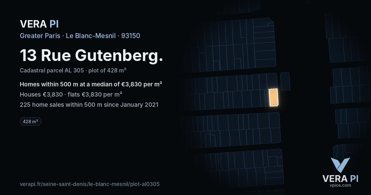 13 Rue Gutenberg, Le Blanc-Mesnil at night – the plot lit, the parcels around coloured by the prices near them