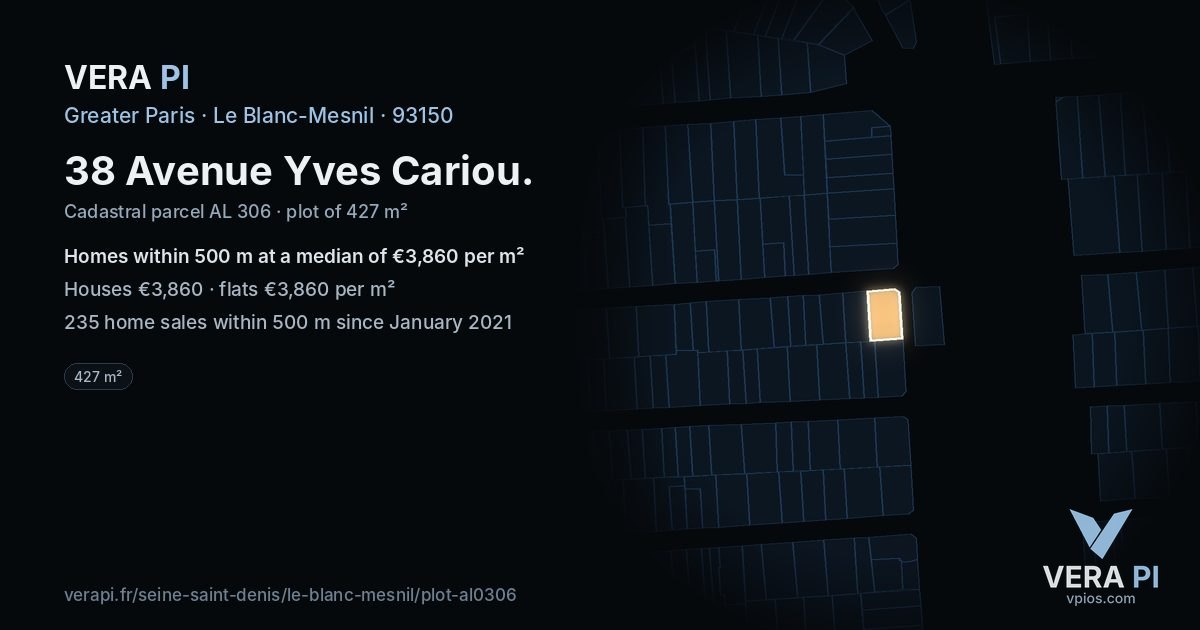 38 Avenue Yves Cariou, Le Blanc-Mesnil at night – the plot lit, the parcels around coloured by the prices near them