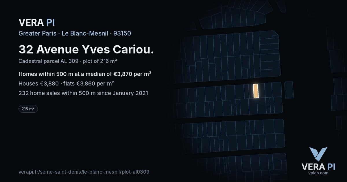 32 Avenue Yves Cariou, Le Blanc-Mesnil at night – the plot lit, the parcels around coloured by the prices near them