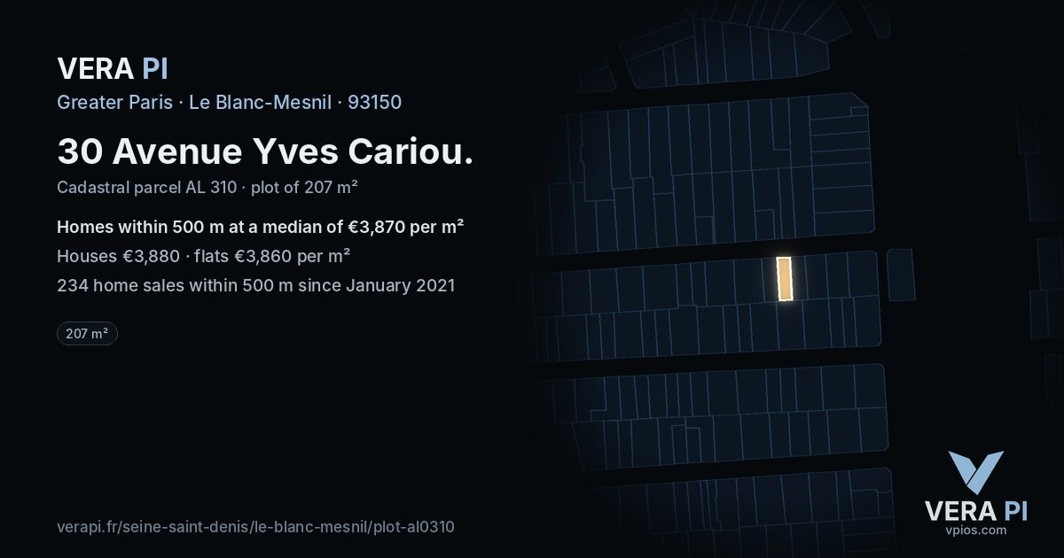 30 Avenue Yves Cariou, Le Blanc-Mesnil at night – the plot lit, the parcels around coloured by the prices near them