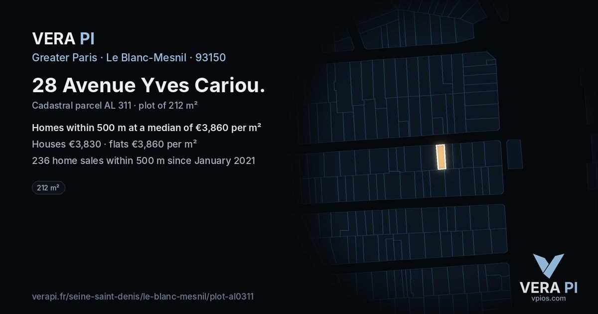 28 Avenue Yves Cariou, Le Blanc-Mesnil at night – the plot lit, the parcels around coloured by the prices near them