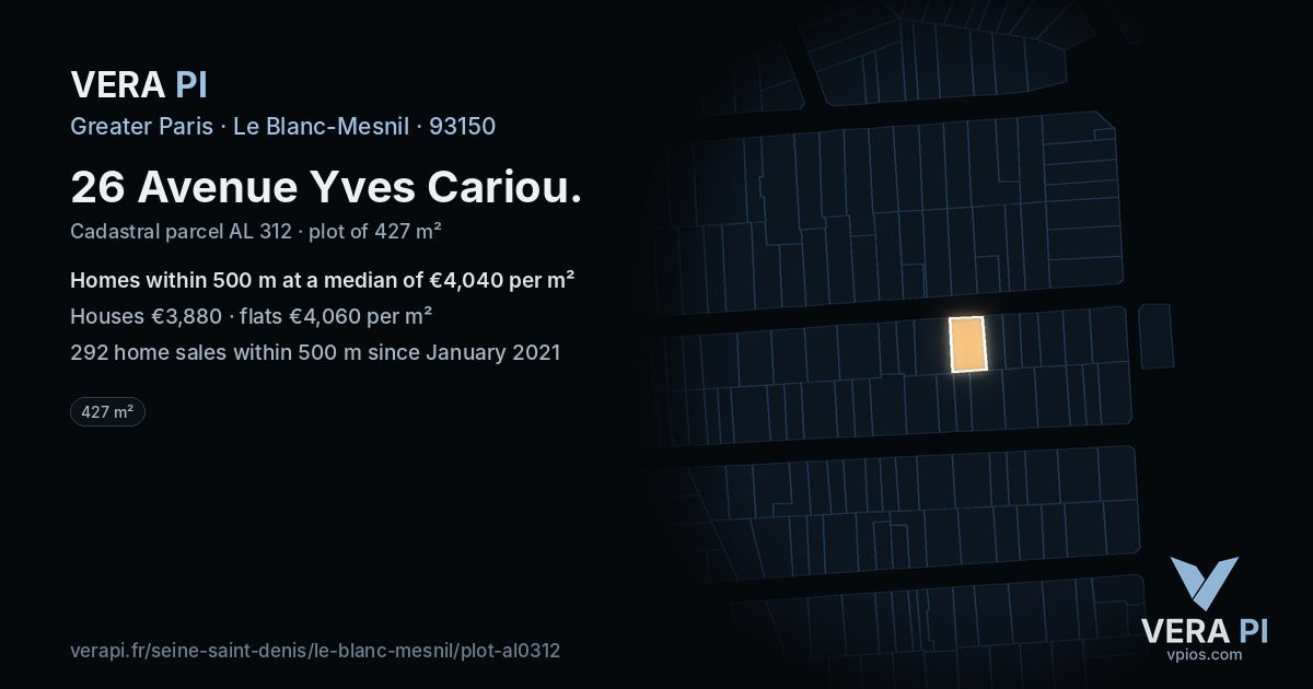 26 Avenue Yves Cariou, Le Blanc-Mesnil at night – the plot lit, the parcels around coloured by the prices near them