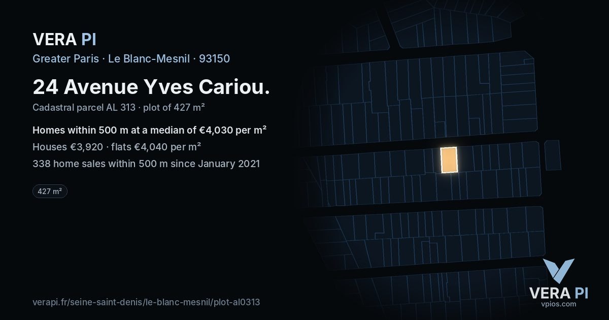 24 Avenue Yves Cariou, Le Blanc-Mesnil at night – the plot lit, the parcels around coloured by the prices near them