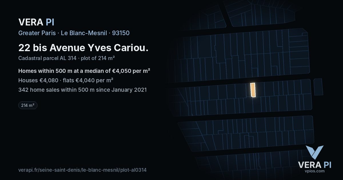 22 bis Avenue Yves Cariou, Le Blanc-Mesnil at night – the plot lit, the parcels around coloured by the prices near them