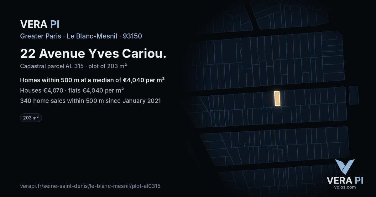22 Avenue Yves Cariou, Le Blanc-Mesnil at night – the plot lit, the parcels around coloured by the prices near them