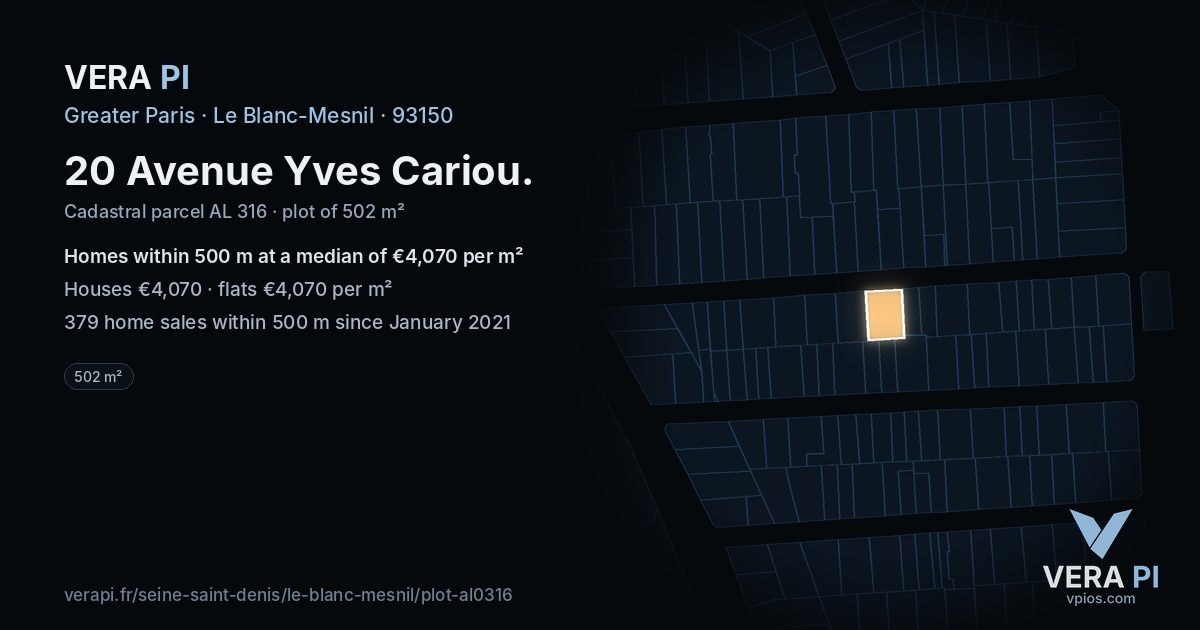 20 Avenue Yves Cariou, Le Blanc-Mesnil at night – the plot lit, the parcels around coloured by the prices near them
