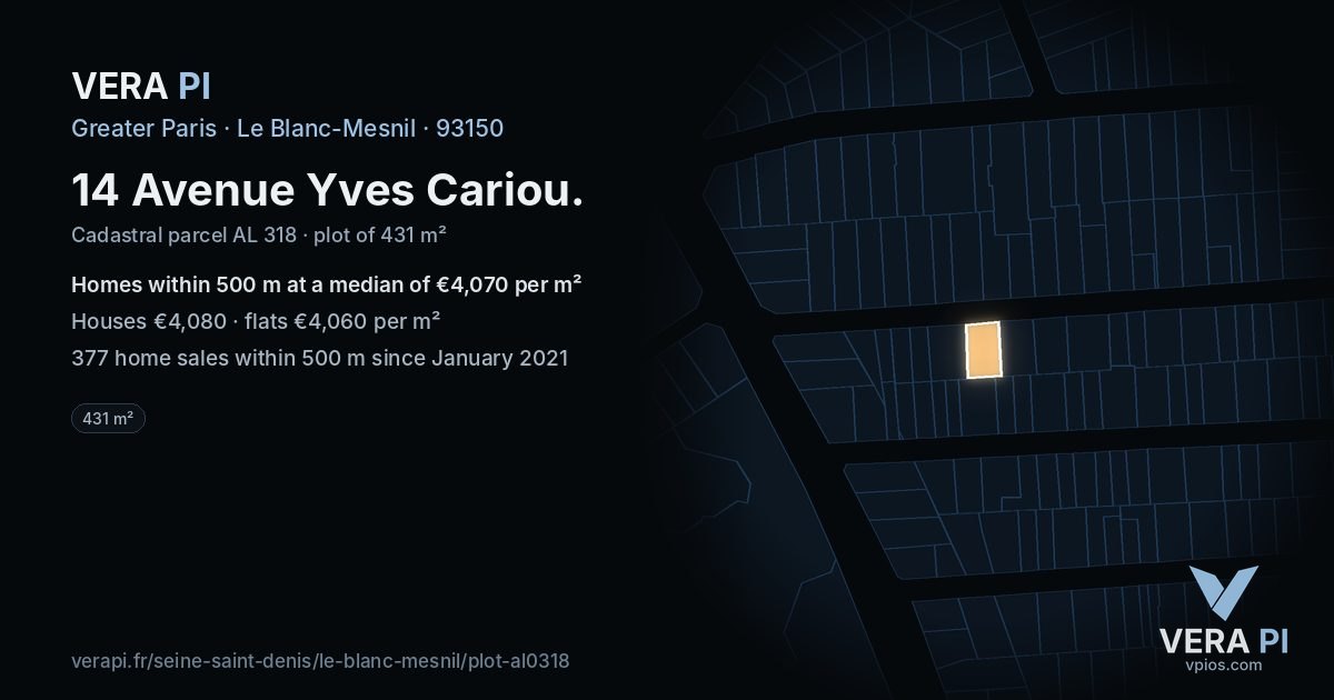 14 Avenue Yves Cariou, Le Blanc-Mesnil at night – the plot lit, the parcels around coloured by the prices near them